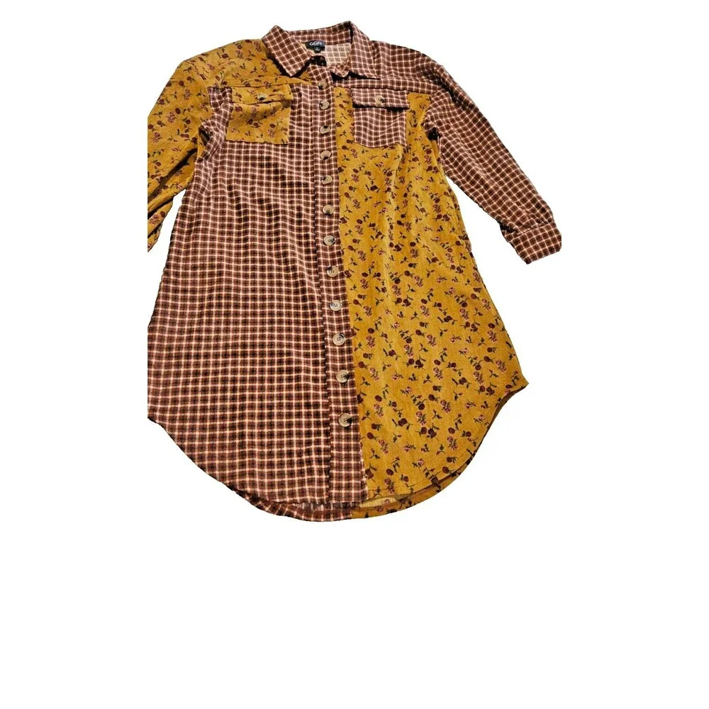 GiGio Shirt Women's Yellow Brown Patchwork Floral Plaid Top, Large - Picture 1 of 10